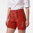 Womens Red Suede Leather Lederhosen Oktoberfest Outfit with embroidered flap, side pocket and adjustable leg lacing