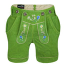 Front view of Authentic Oktoberfest Outfit Womens Suede Leather Lederhosen Green featuring floral embroidery and deep side pockets