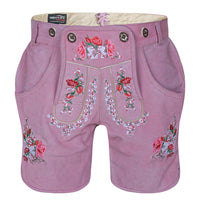 Front view of Womens Oktoberfest Outfit Lederhosen Suede Leather Oktoberfest Dress Rose Pink featuring floral embroidery and side pockets