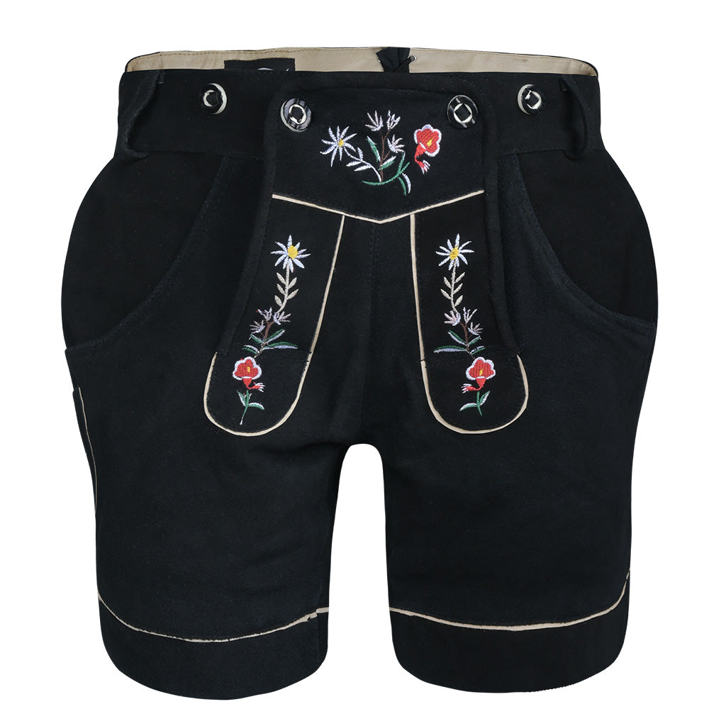 Front view of Womens Suede Leather Lederhosen Oktoberfest Outfit Black featuring embroidered flap and deep side pockets