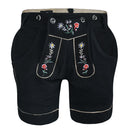 Front view of Womens Suede Leather Lederhosen Oktoberfest Outfit Black featuring embroidered flap and deep side pockets