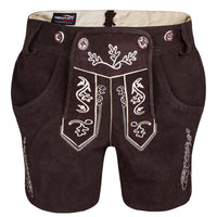 Front view of Womens Oktoberfest Outfit Bavarian Suede Leather Lederhosen Costume Chocolate Brown without suspenders