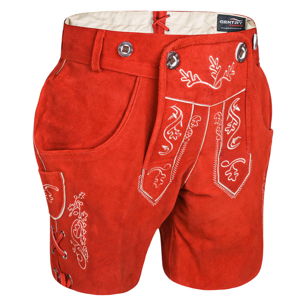 Front view of Womens Red Suede Leather Lederhosen Oktoberfest Outfit with traditional embroidered flap and side pockets