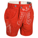 Front view of Womens Red Suede Leather Lederhosen Oktoberfest Outfit with traditional embroidered flap and side pockets