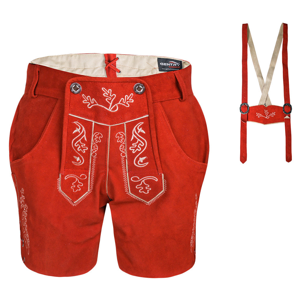 Womens Red Suede Leather Lederhosen Oktoberfest Outfit with detachable adjustable suspenders shown separately