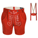 Womens Red Suede Leather Lederhosen Oktoberfest Outfit with detachable adjustable suspenders shown separately