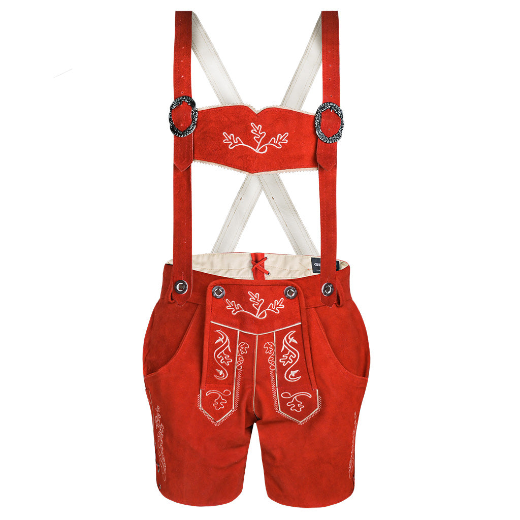 Front view of Womens Red Suede Leather Lederhosen Oktoberfest Outfit with matching adjustable suspenders