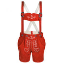 Front view of Womens Red Suede Leather Lederhosen Oktoberfest Outfit with matching adjustable suspenders
