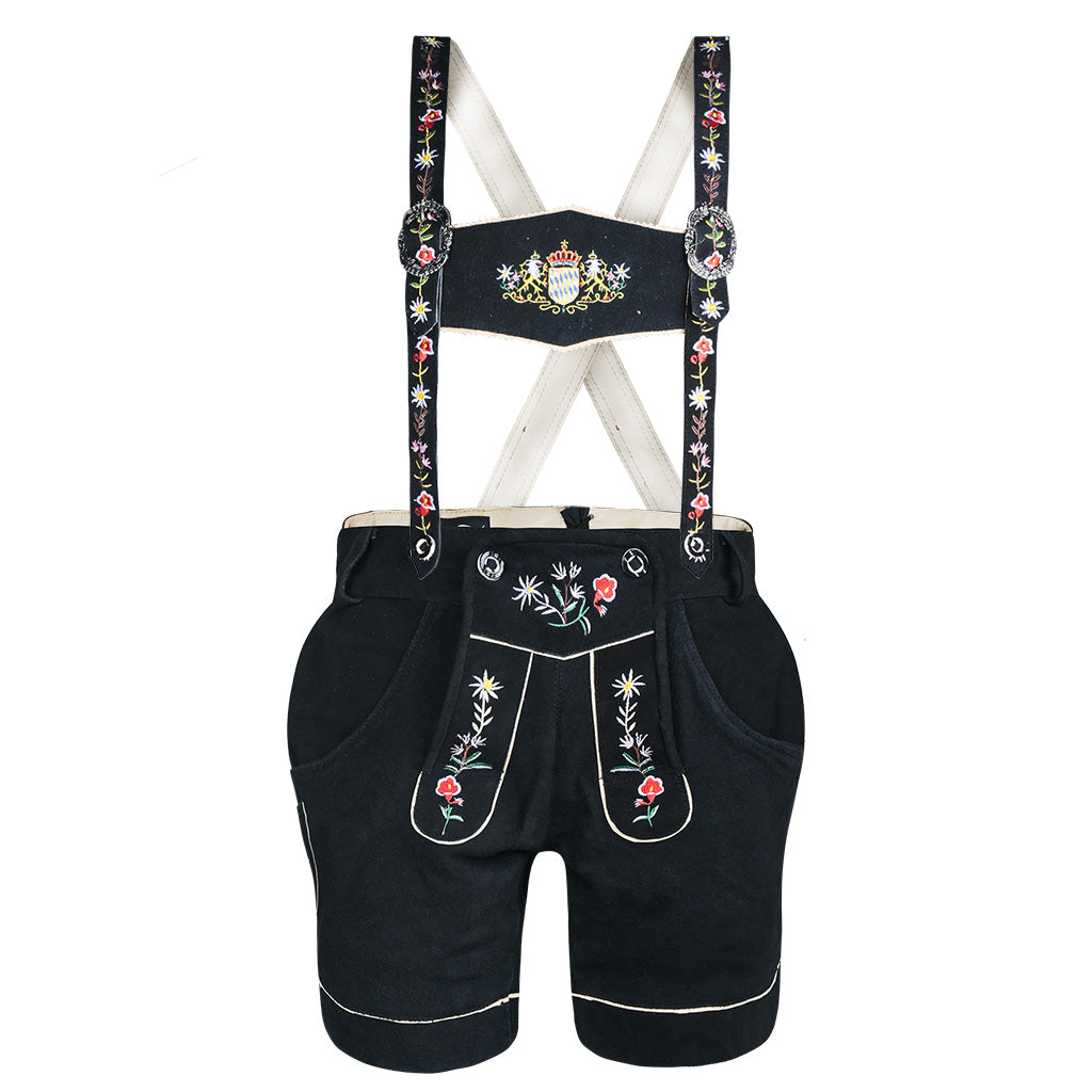 Front view of Womens Suede Leather Lederhosen Oktoberfest Outfit Black with floral embroidery and adjustable suspenders