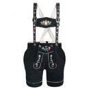 Front view of Womens Suede Leather Lederhosen Oktoberfest Outfit Black with floral embroidery and adjustable suspenders