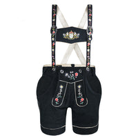 Front view of Womens Suede Leather Lederhosen Oktoberfest Outfit Black with floral embroidery and adjustable suspenders