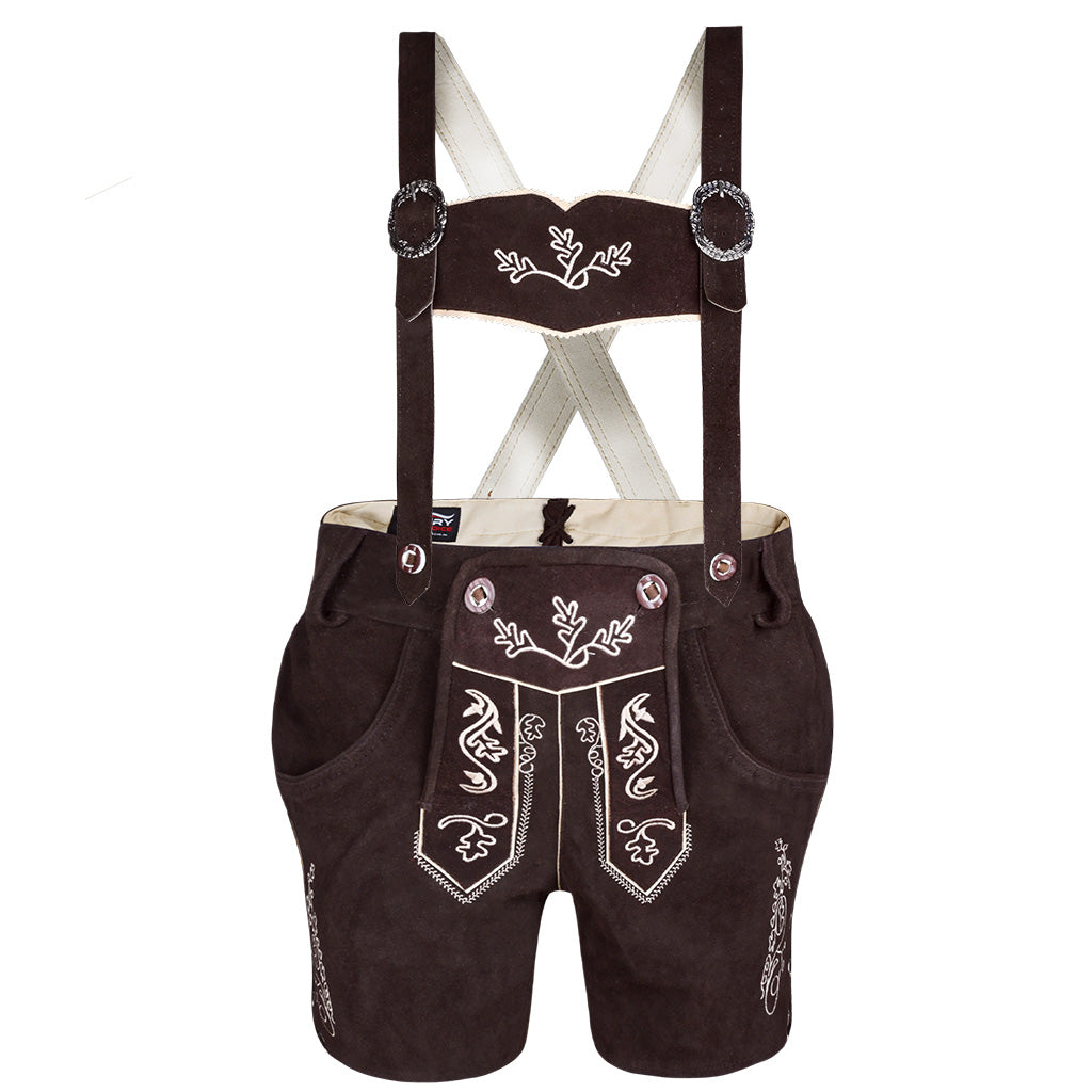 Front view of Womens Oktoberfest Outfit Bavarian Suede Leather Lederhosen Costume Chocolate Brown with matching adjustable suspenders