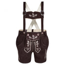 Front view of Womens Oktoberfest Outfit Bavarian Suede Leather Lederhosen Costume Chocolate Brown with matching adjustable suspenders