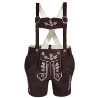 Front view of Womens Oktoberfest Outfit Bavarian Suede Leather Lederhosen Costume Chocolate Brown with matching adjustable suspenders