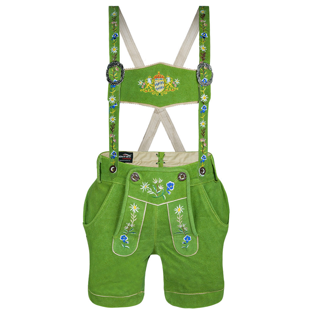 Front view of Womens Oktoberfest Outfit Lederhosen Suede Leather Oktoberfest Dress Green with embroidered suspenders