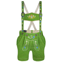 Front view of Womens Oktoberfest Outfit Lederhosen Suede Leather Oktoberfest Dress Green with embroidered suspenders