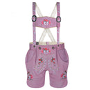 Front view of Womens Oktoberfest Outfit Lederhosen Suede Leather Oktoberfest Dress Rose Pink with embroidered suspenders