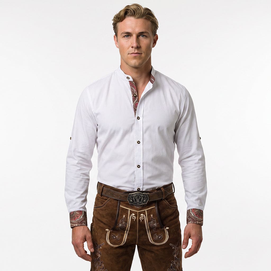 Men's Bavarian Shirt White Band Collar Oktoberfest Shirt for Men with Traditional Embroidery Front View 