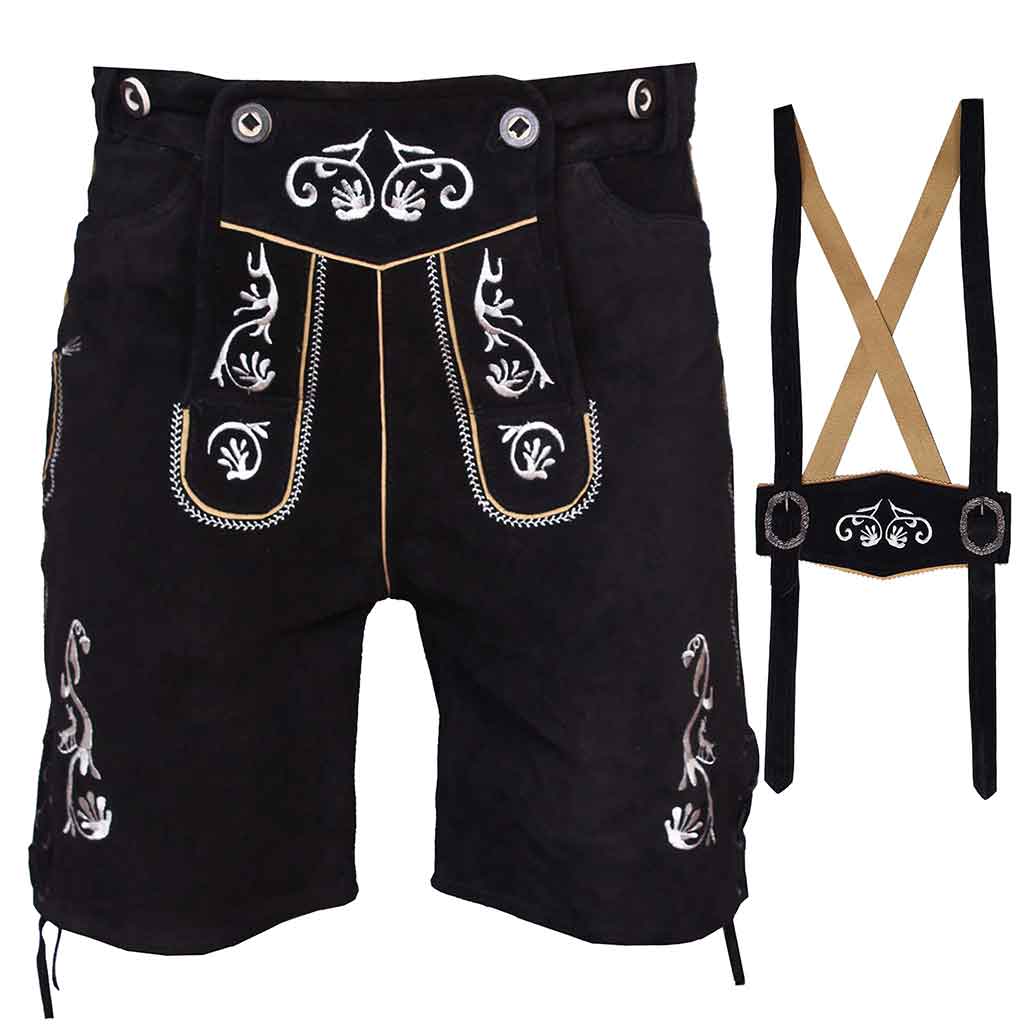 Men's Black Lederhosen Oktoberfest Outfit Bavarian Costume Suede Leather "Schuts"