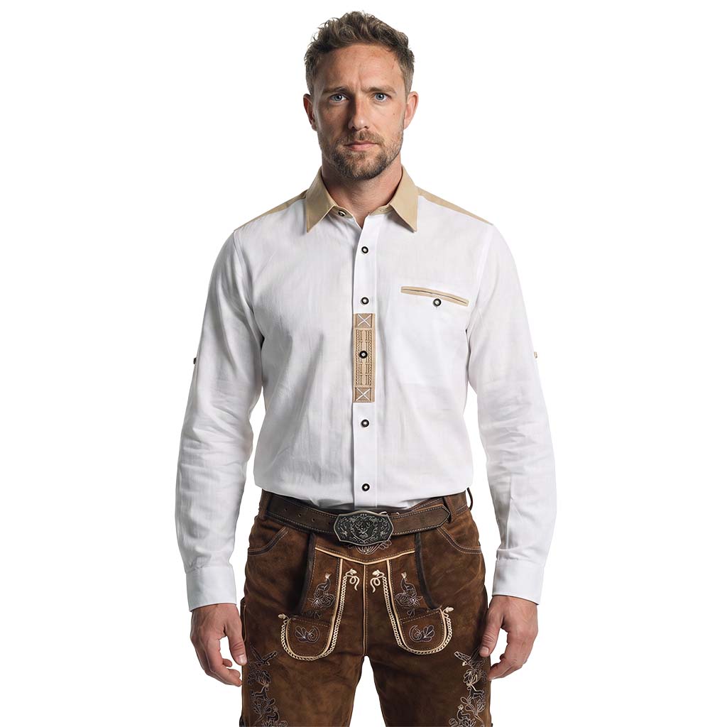 Front view of White Cotton Oktoberfest Shirt with Traditional Embroidery