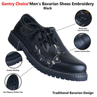 Gentry Choice men's black Bavarian shoes with embroidery, showing lace-fastening, leather construction, double stitching, and non-slip rubber sole details