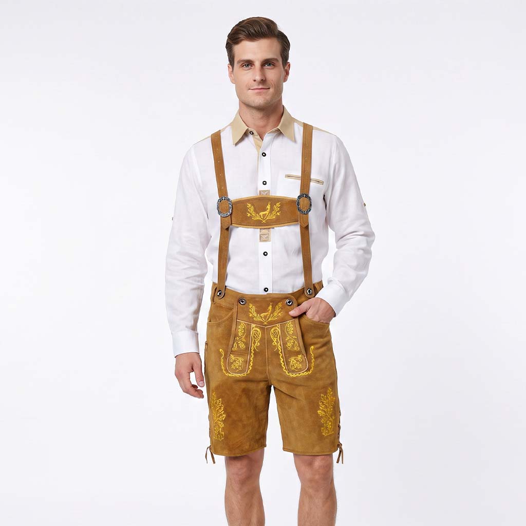 Mens Oktoberfest Outfit Suede Leather Bavarian Lederhosen 'Nowitzki' Golden Brown
