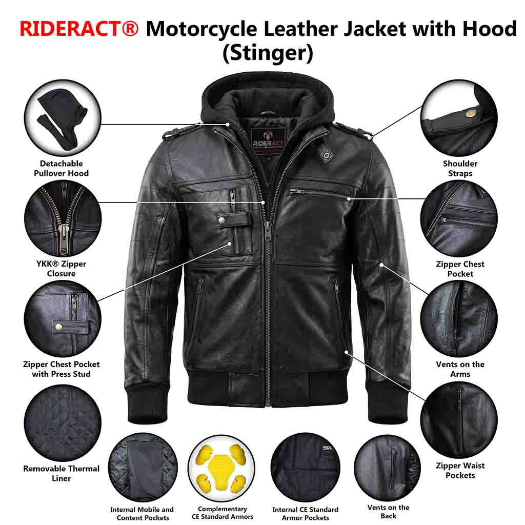 Infographics of RIDERACT® Leather Motorcycle Jacket with Hood 
