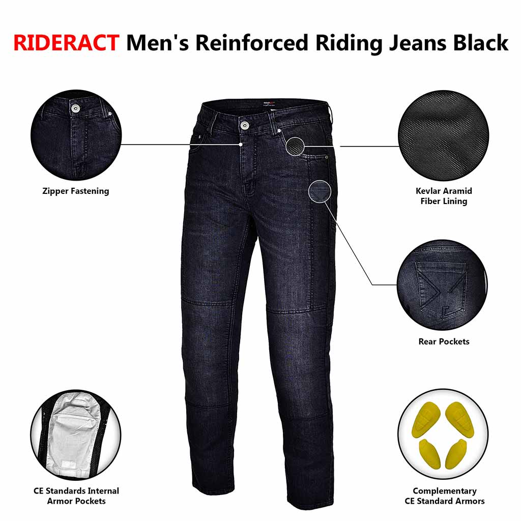 RIDERACT® Men's Reinforced Motorcycle Riding Jeans Black