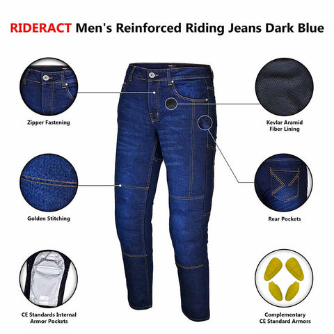 RIDERACT® Men's Reinforced Motorcycle Riding Jeans Dark Blue
