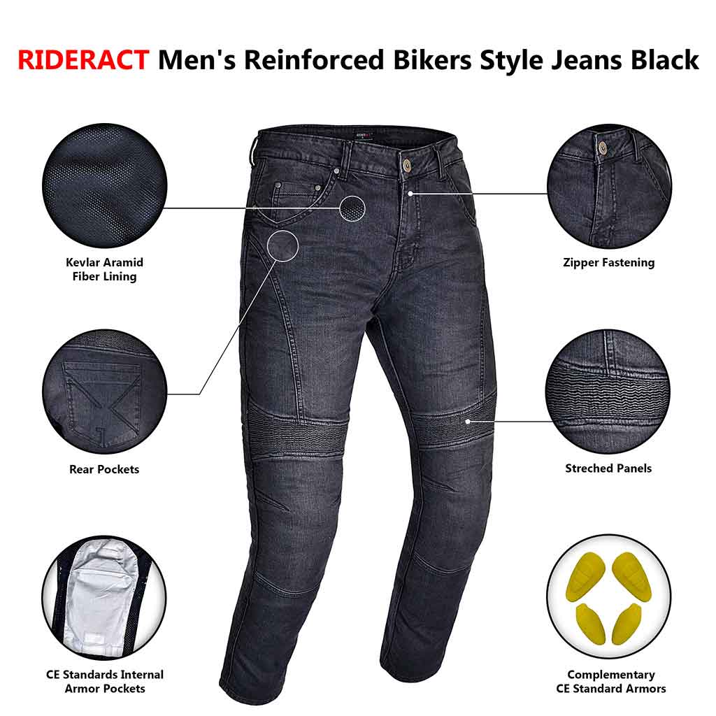 RIDERACT® Men's Reinforced Bikers Jeans Motorbike Pants Black