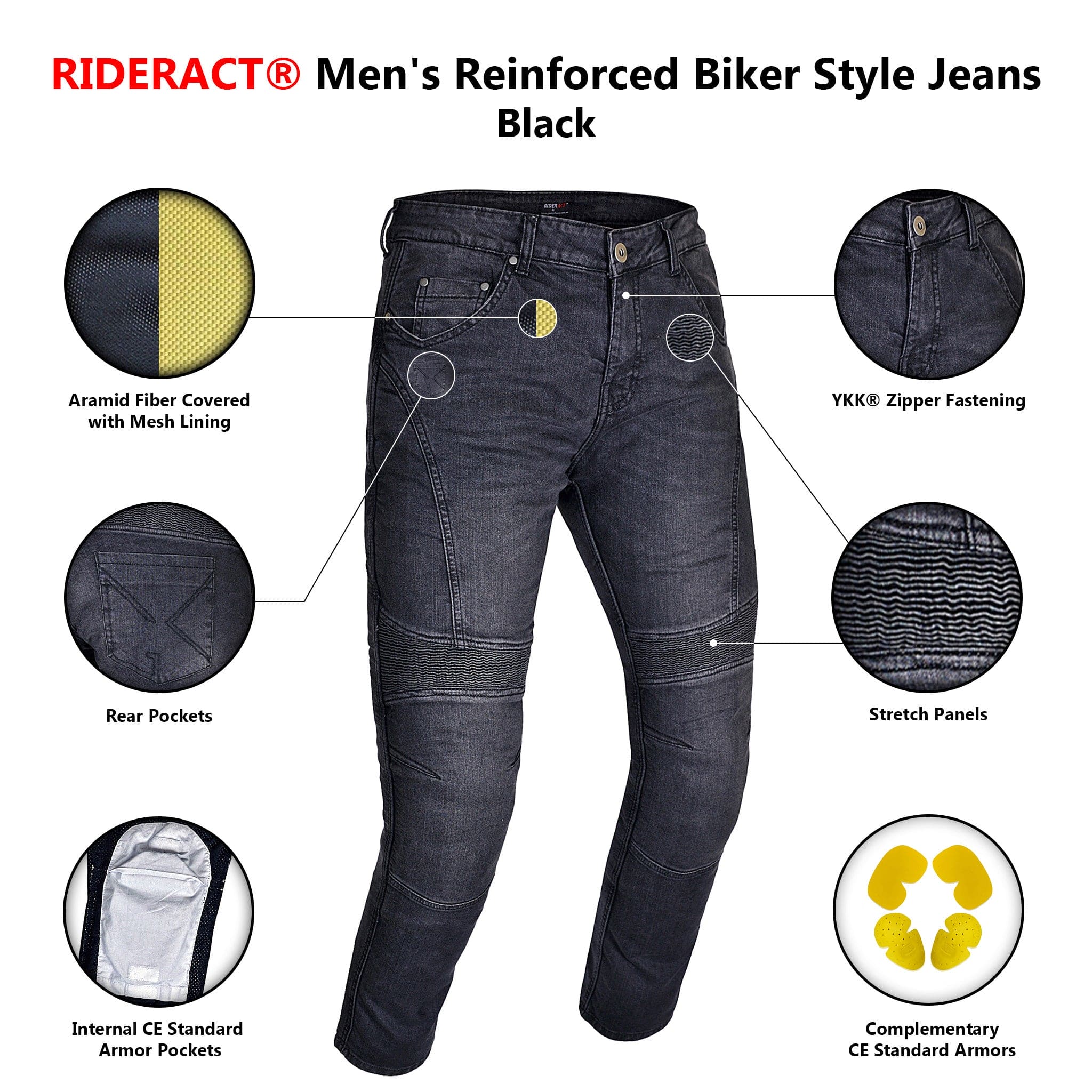 RIDERACT® Mens Biker Jeans Black l Reinforced Motorcycle jeans with armor