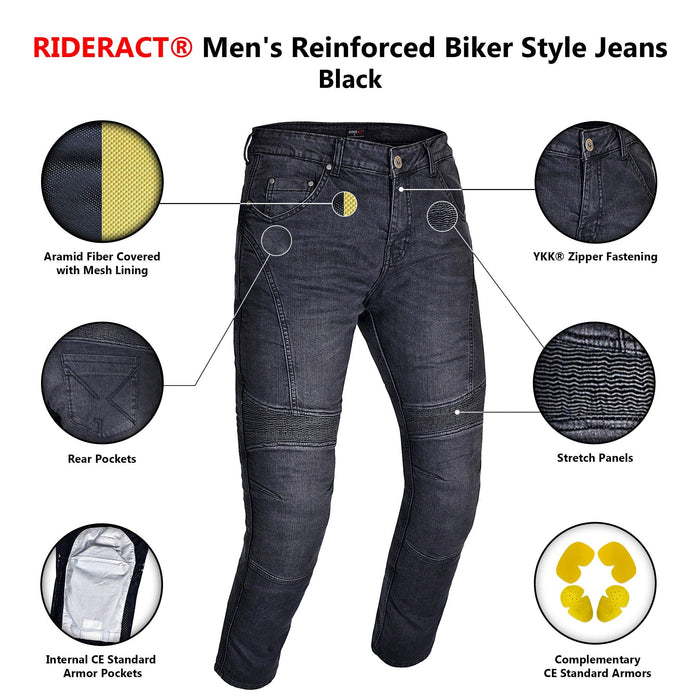 RIDERACT® Men's Reinforced Bikers Jeans Motorbike Pants Black