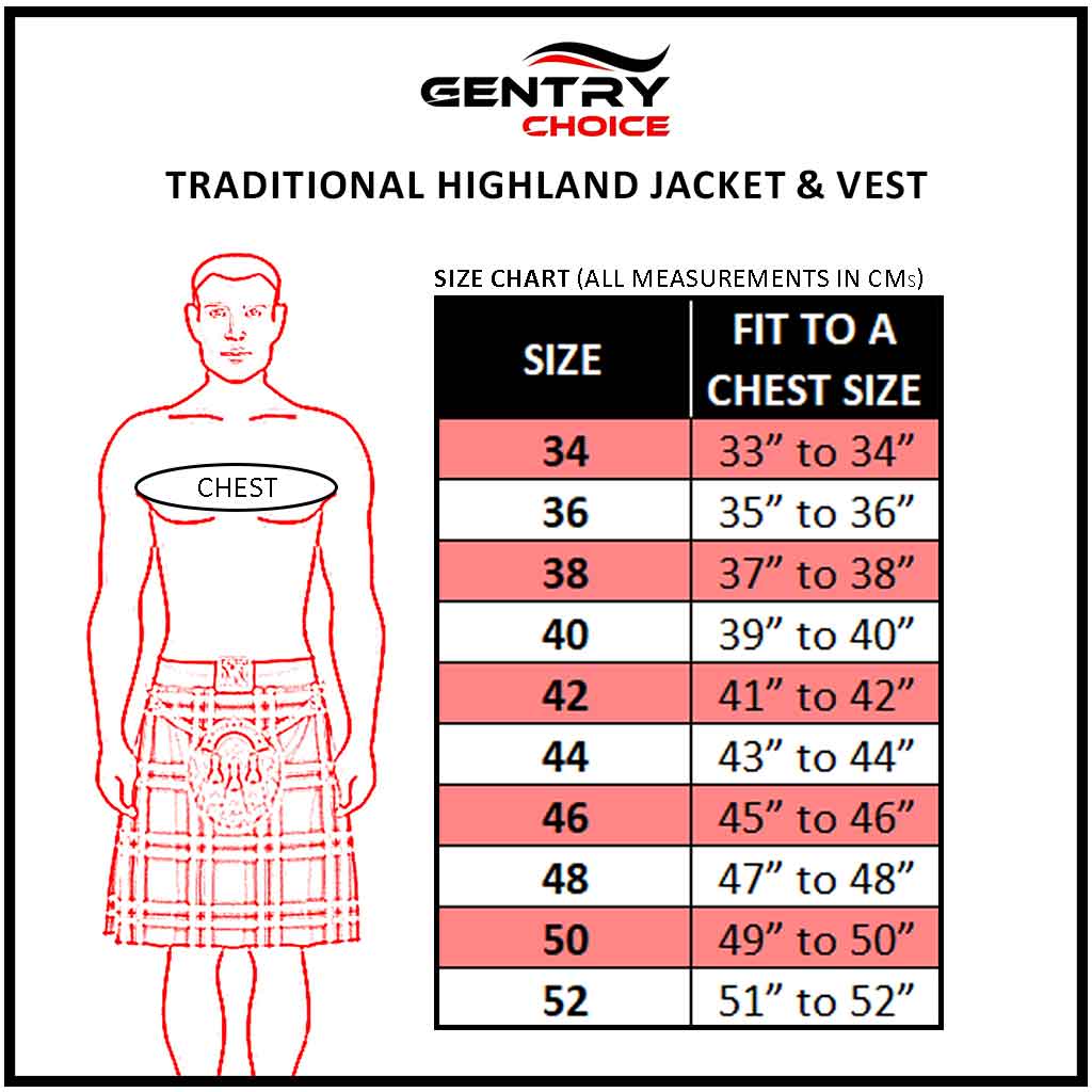 Gentry Choice Scottish jacket and vest size chart