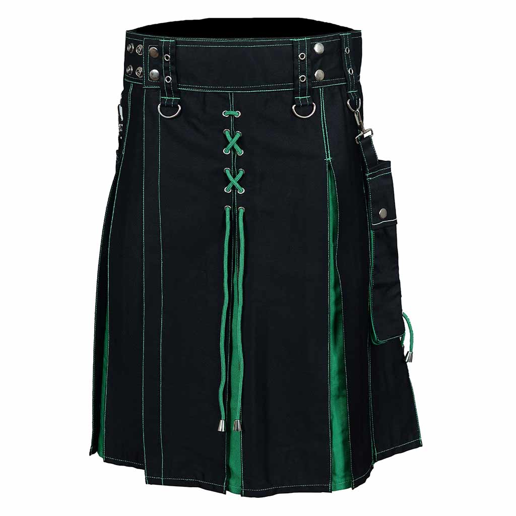 Hybrid Utility Kilt – Black Sports Kilt with Green Pleats