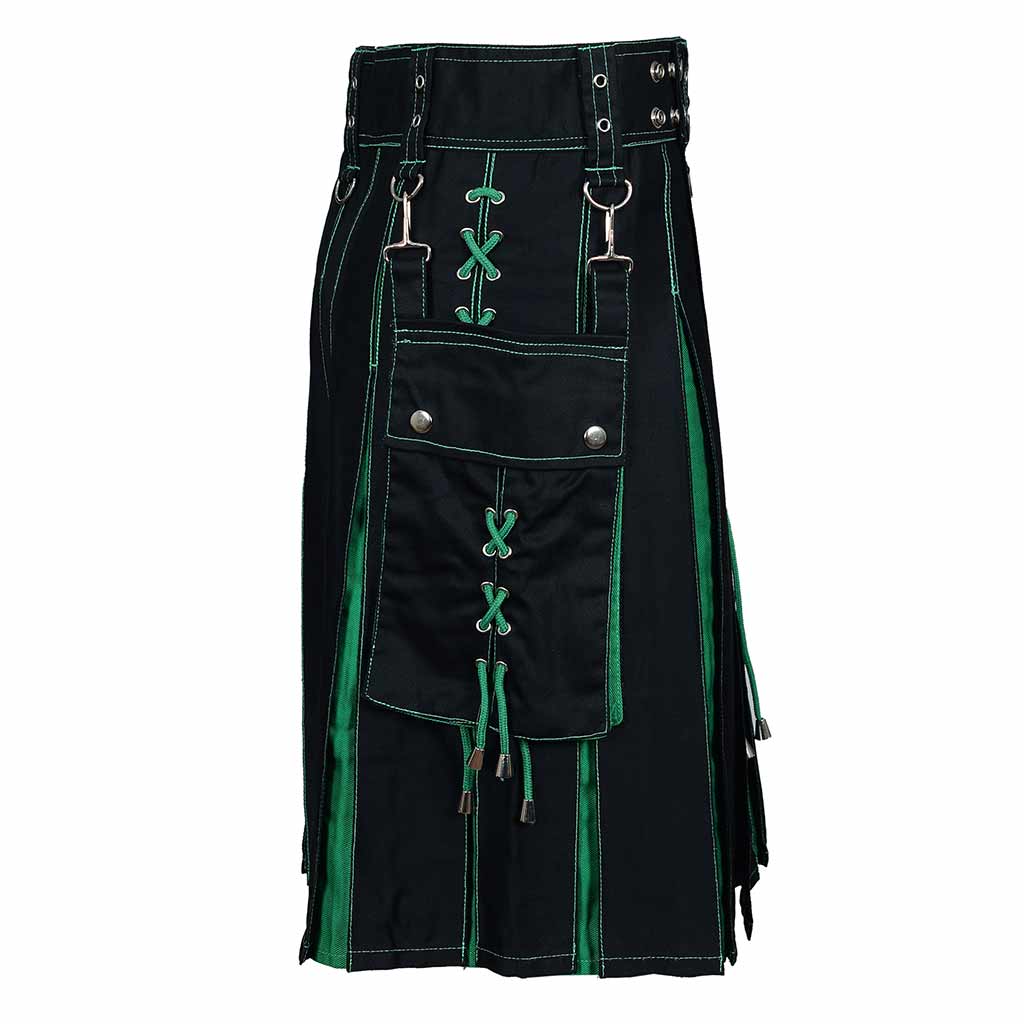 Hybrid Utility Kilt – Black Sports Kilt with Green Pleats