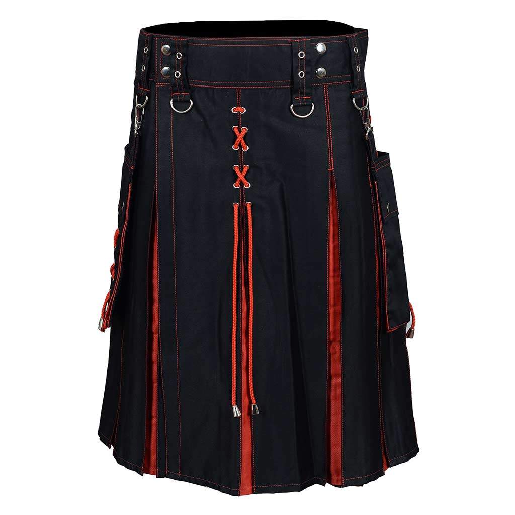 Hybrid Utility Kilt – Black Sports kilt with Red Pleats
