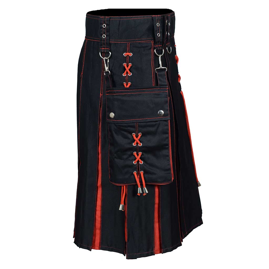 Hybrid Utility Kilt – Black Sports kilt with Red Pleats