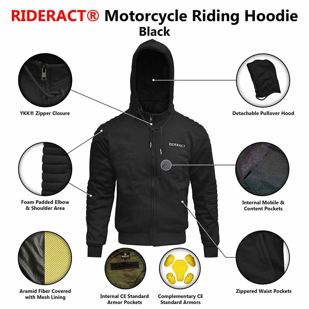 RIDERACT® Motorcycle Hoodie Black Reinforced with Aramid Fiber