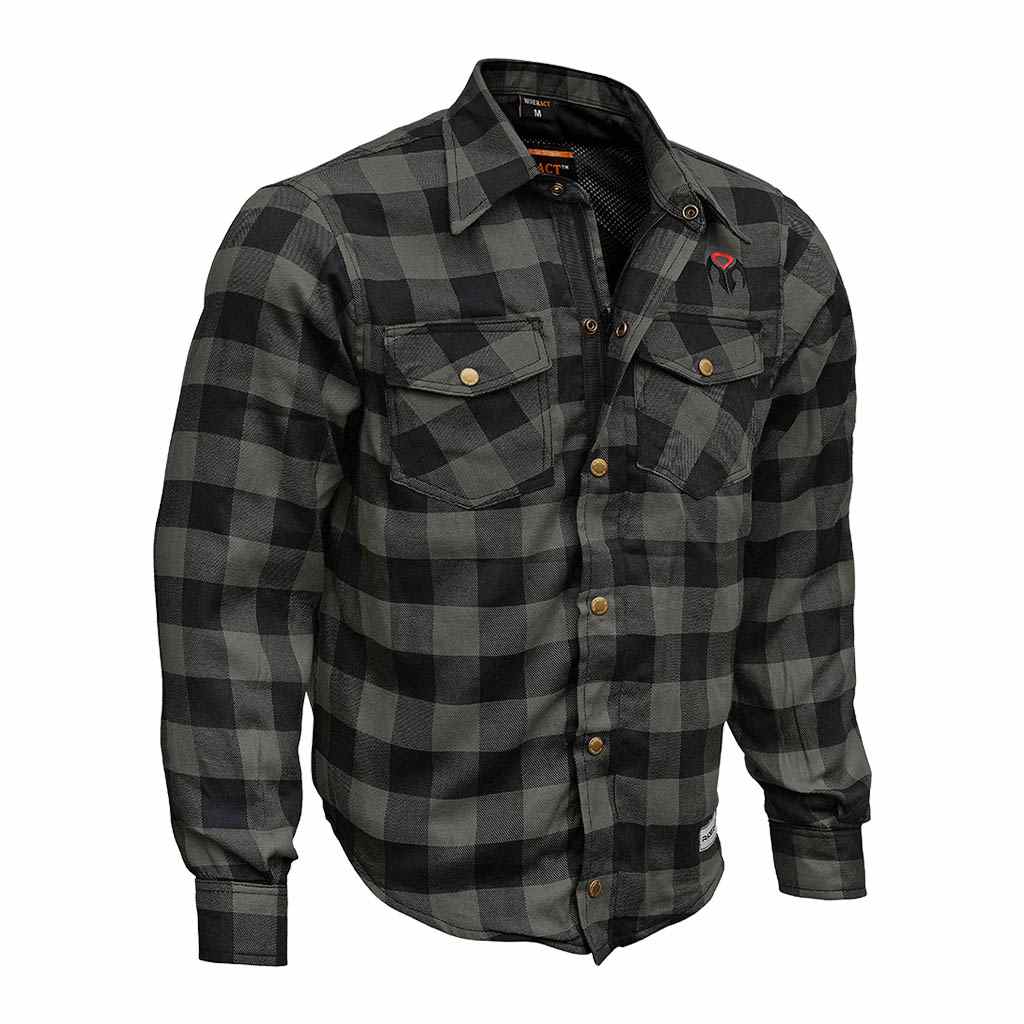 RIDERACT® Men's Flannel Motorcycle Shirt with Armor – Road Series Grey