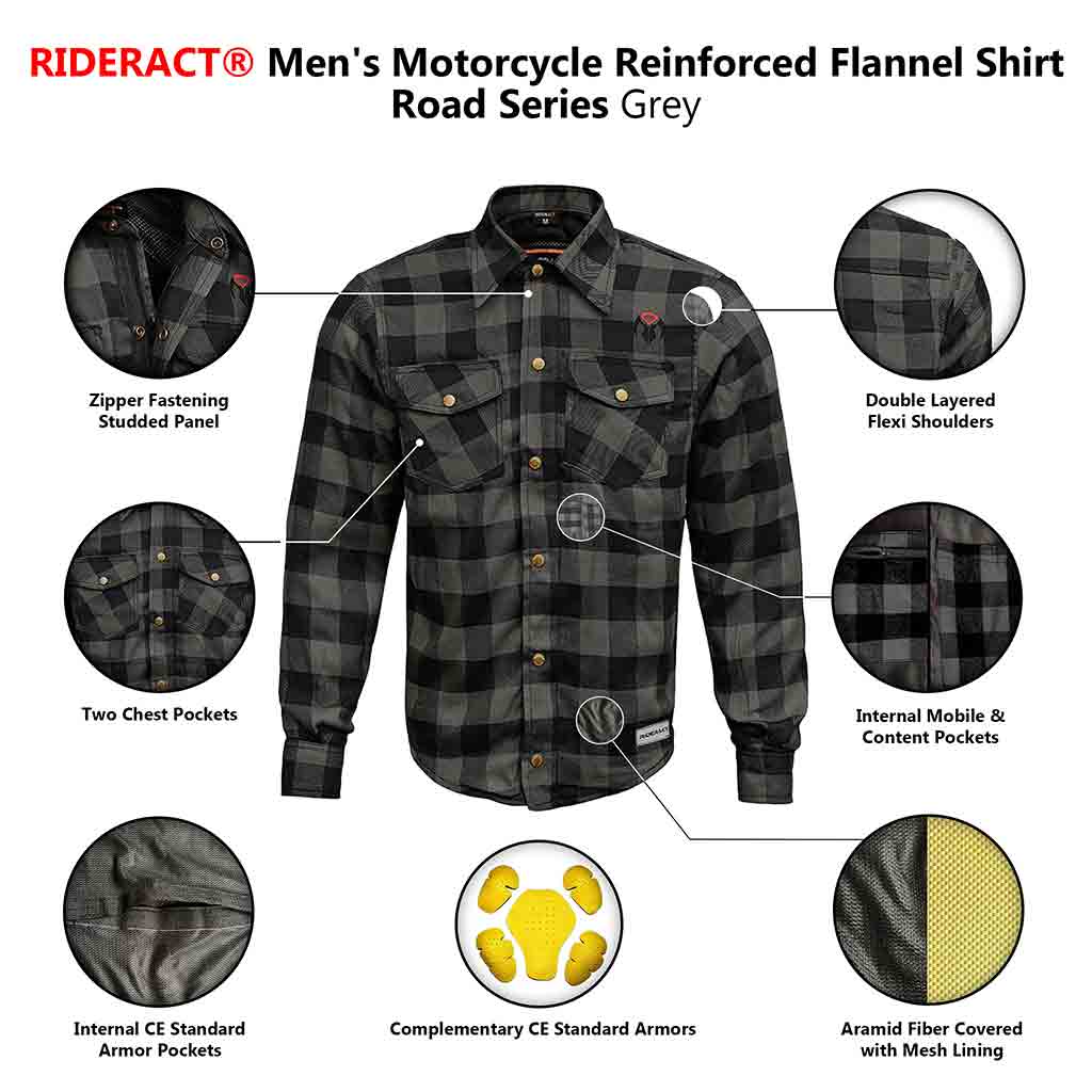 RIDERACT® Men's Reinforced Flannel Motorcycle Shirt Road Series Grey