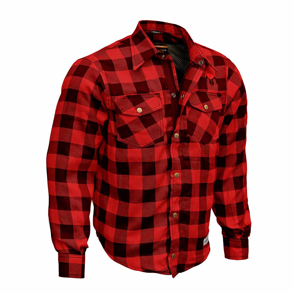 RIDERACT® Men’s Flannel Motorcycle Shirt – Road Series (Red & Black)