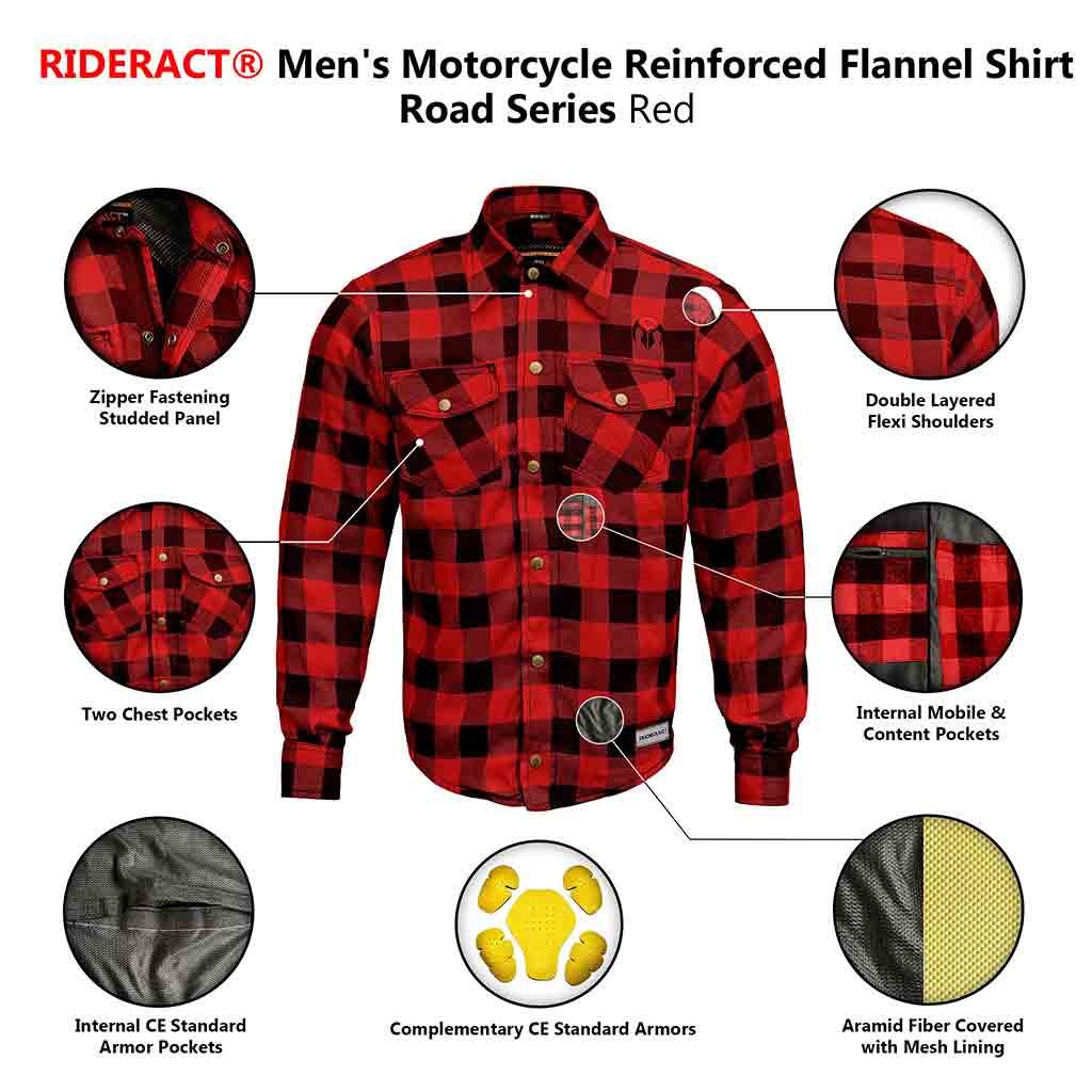 RIDERACT® Men's Reinforced Flannel Motorcycle Shirt Road Series Red