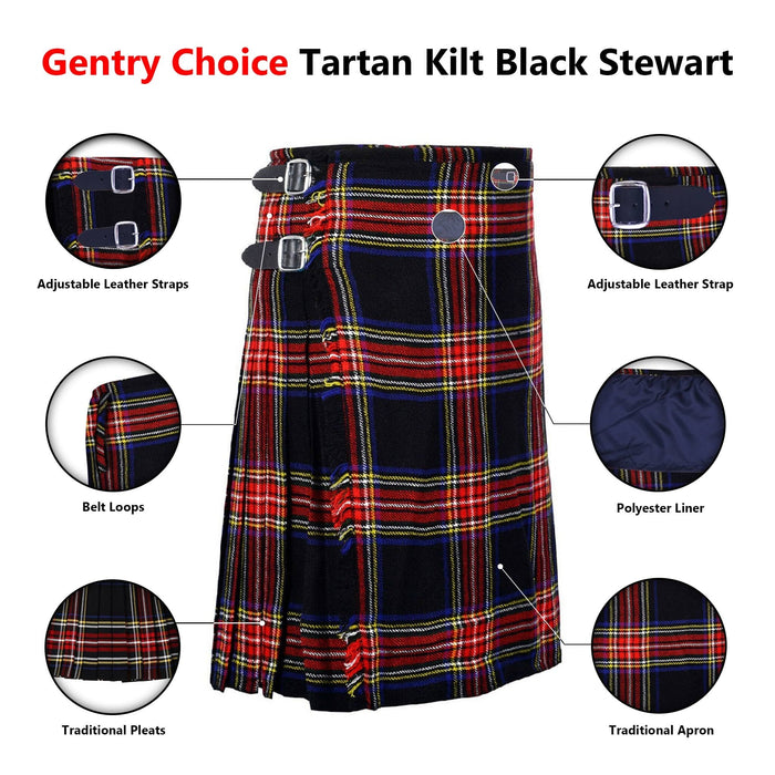 Gentry Choice Black Stewart Tartan kilt infographics