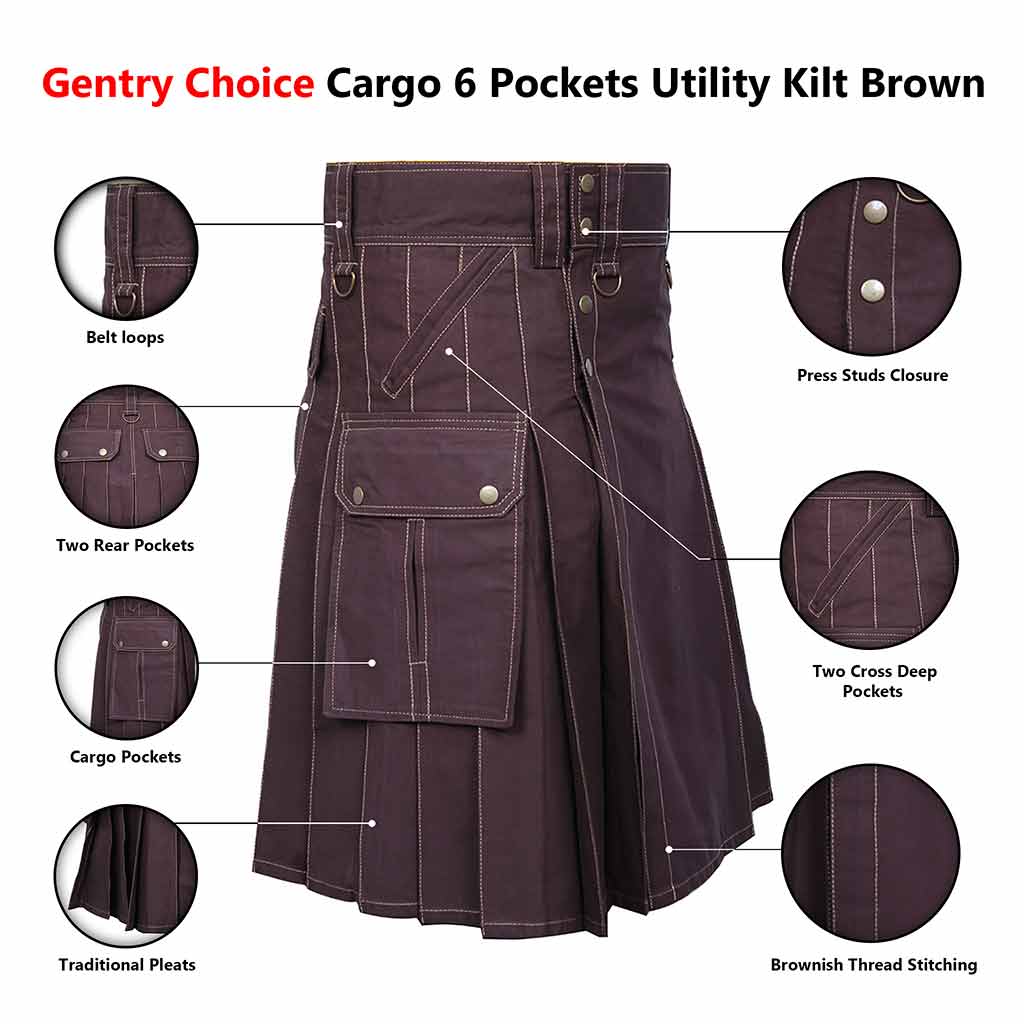 Mens Utility Kilt Brown Sports Cargo Kilt with six Pockets ...