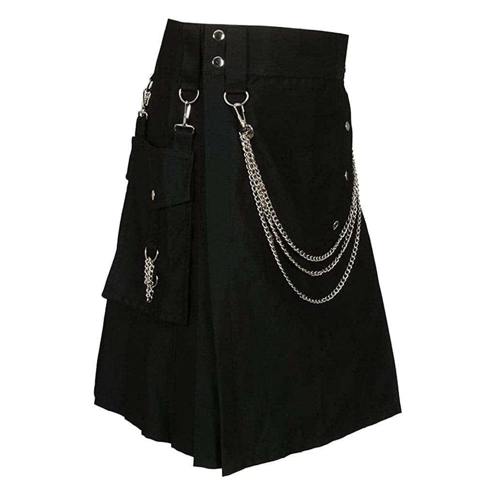 Men’s Utility Kilt Black with Silver Chains – Cargo Kilt