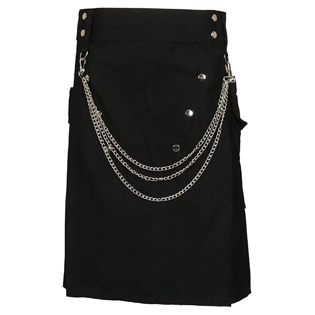 Men’s Utility Kilt Black with Silver Chains – Cargo Kilt