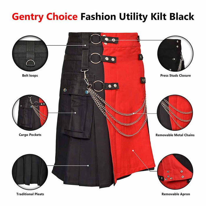 Utility Kilt Black with Removable Chains & Red Apron