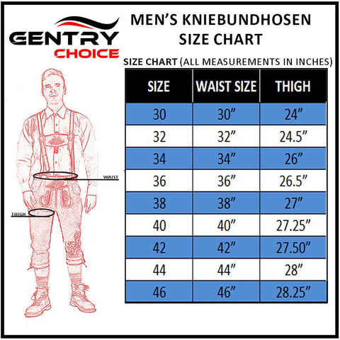 Gentry Choice Lederhosen Knee Length Size Chart