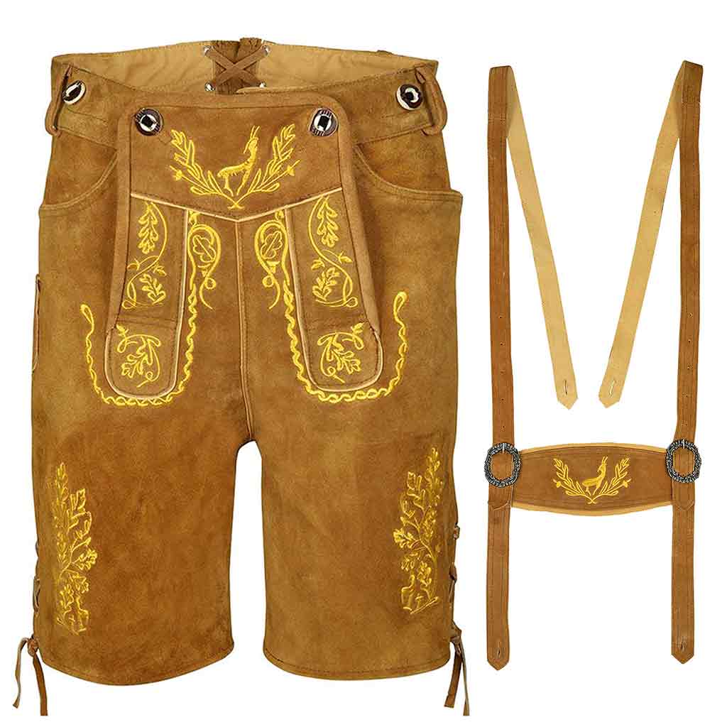 Mens Oktoberfest Costume | Suede Bavarian Lederhosen Nowitzki Golden Brown