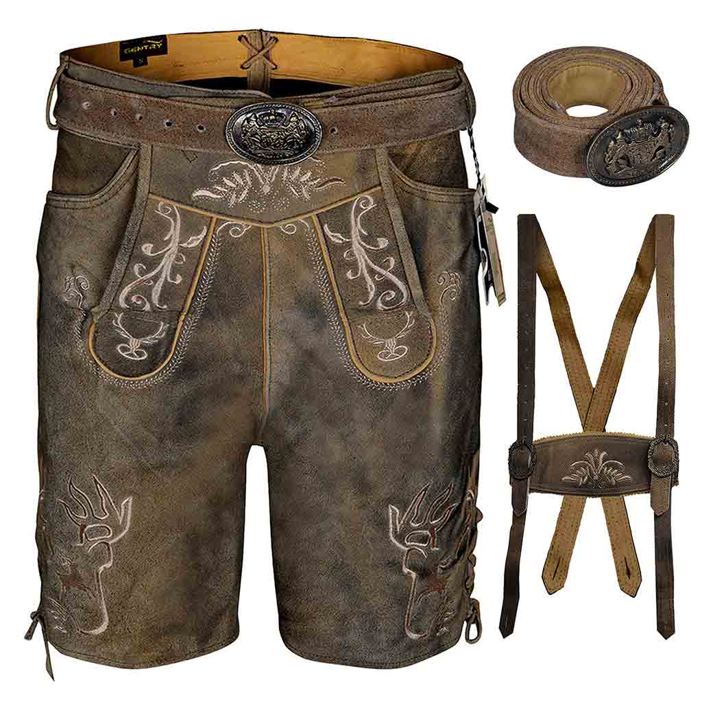 Oktoberfest outfit male Suede Lederhosen Klose Antiqued with Waist Belt and Suspenders